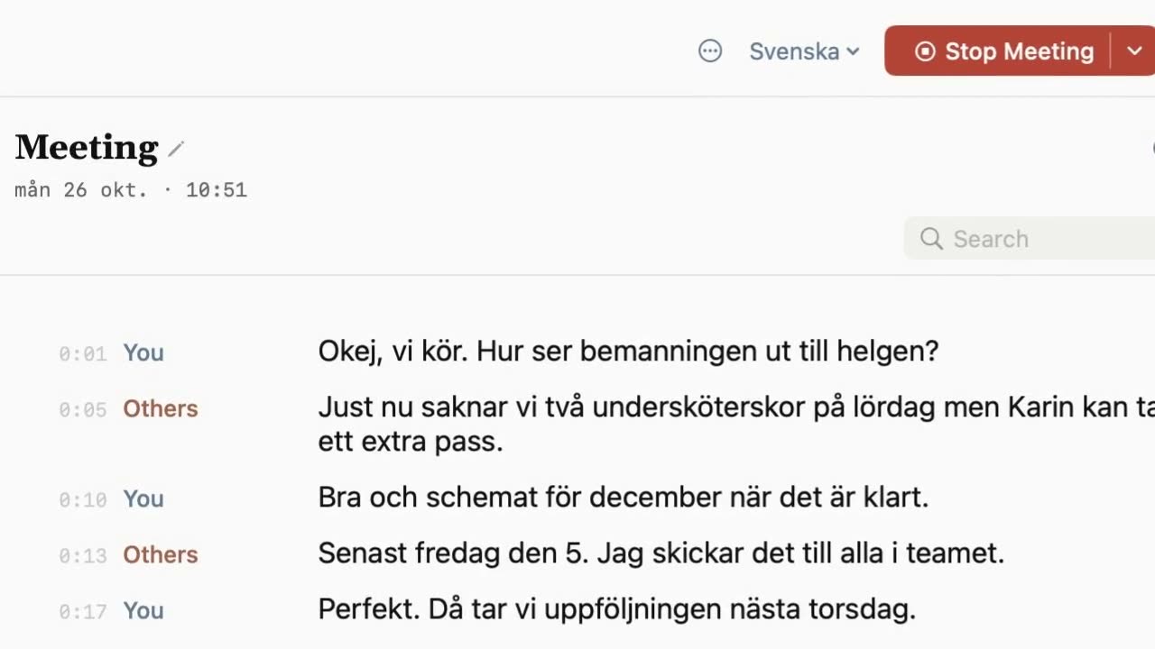 Ett möte i Sæga: dina repliker och de andras, var för sig och med tider.