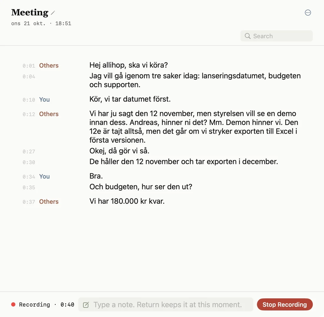 Sæga under ett möte: texten skrivs medan ni pratar, med Others och You var för sig och tider i marginalen.