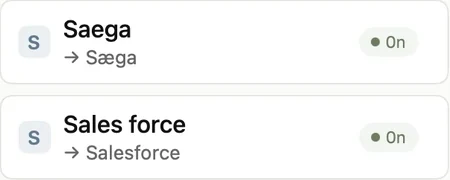 Två ord i Sægas ordlista: Saega blir Sæga, och Sales force blir Salesforce.
